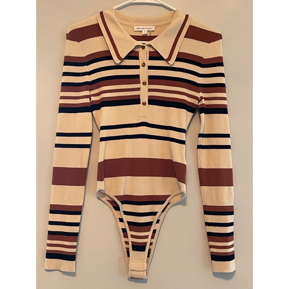 Grey Lab Los Angeles Striped Ribbed Knit Polo Bodysuit Brown Cream Navy Medium